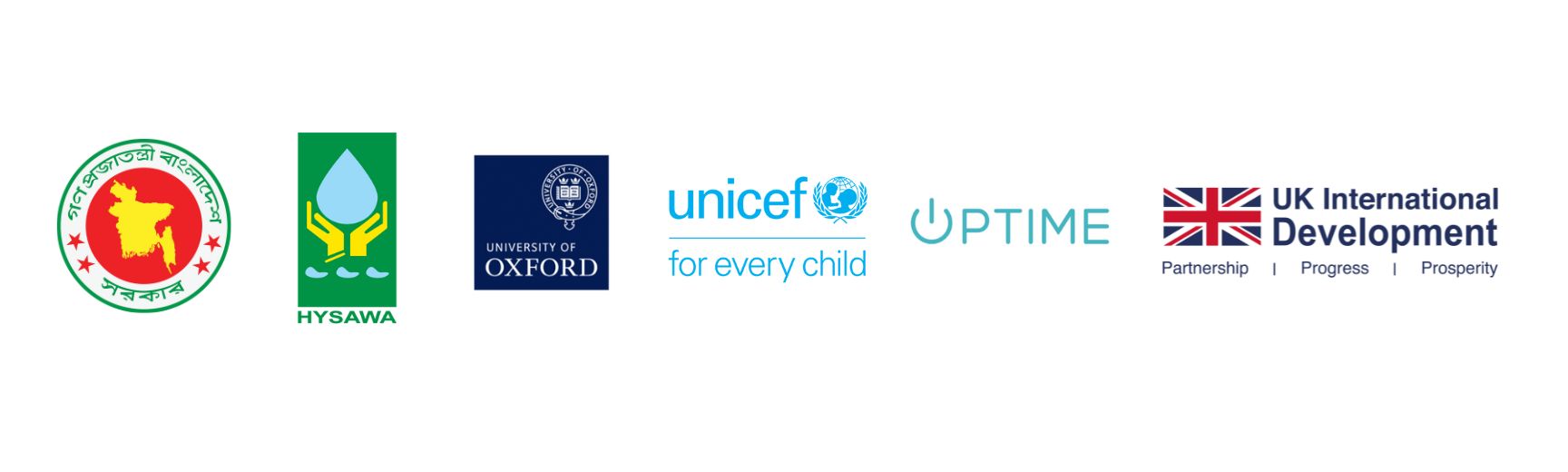 Partner logos SafePani - Government of Bangladesh, HYSAWA, University of Oxford, UNICEF, UPTIME, FCDO