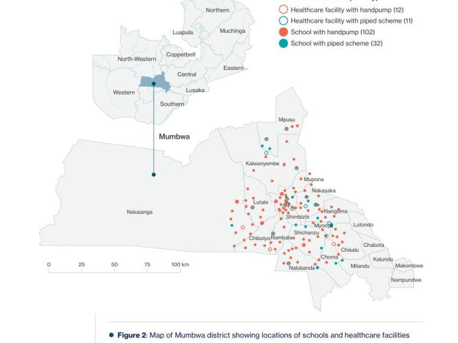 Map of Mumbwa district showing locations of schools and healthcare facilitites